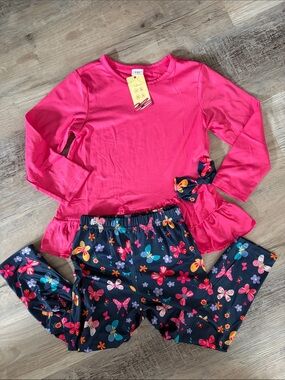 Hot Pink Ruffle Set with Navy Butterfly Floral Pants